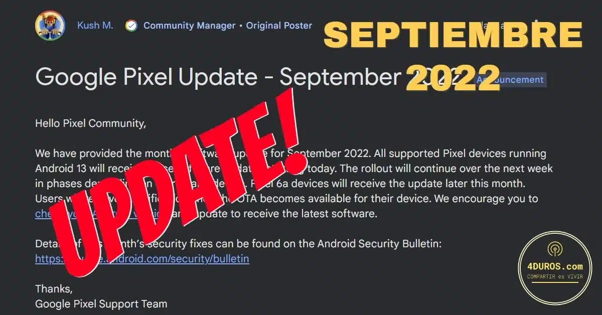 Actualización del Google Pixel Septiembre 2022 4duros.com