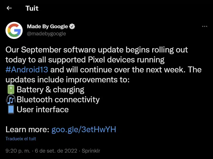 captura del anuncio en twitter de la Actualización del Google Pixel Septiembre 2022 4duros.com